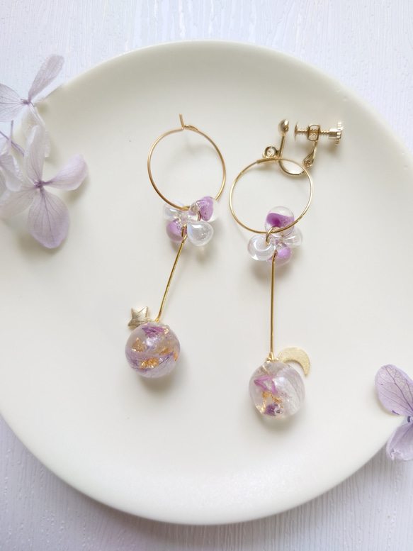 珠紫陽花 Hydrangea＆DropBeads Pale purple【イヤリング・ピアス】・初販5点まで送料無料 4枚目の画像