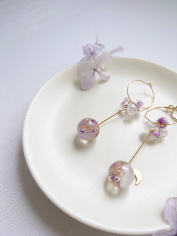 珠紫陽花 Hydrangea＆DropBeads Pale purple【イヤリング・ピアス】・初販5点まで送料無料 5枚目の画像