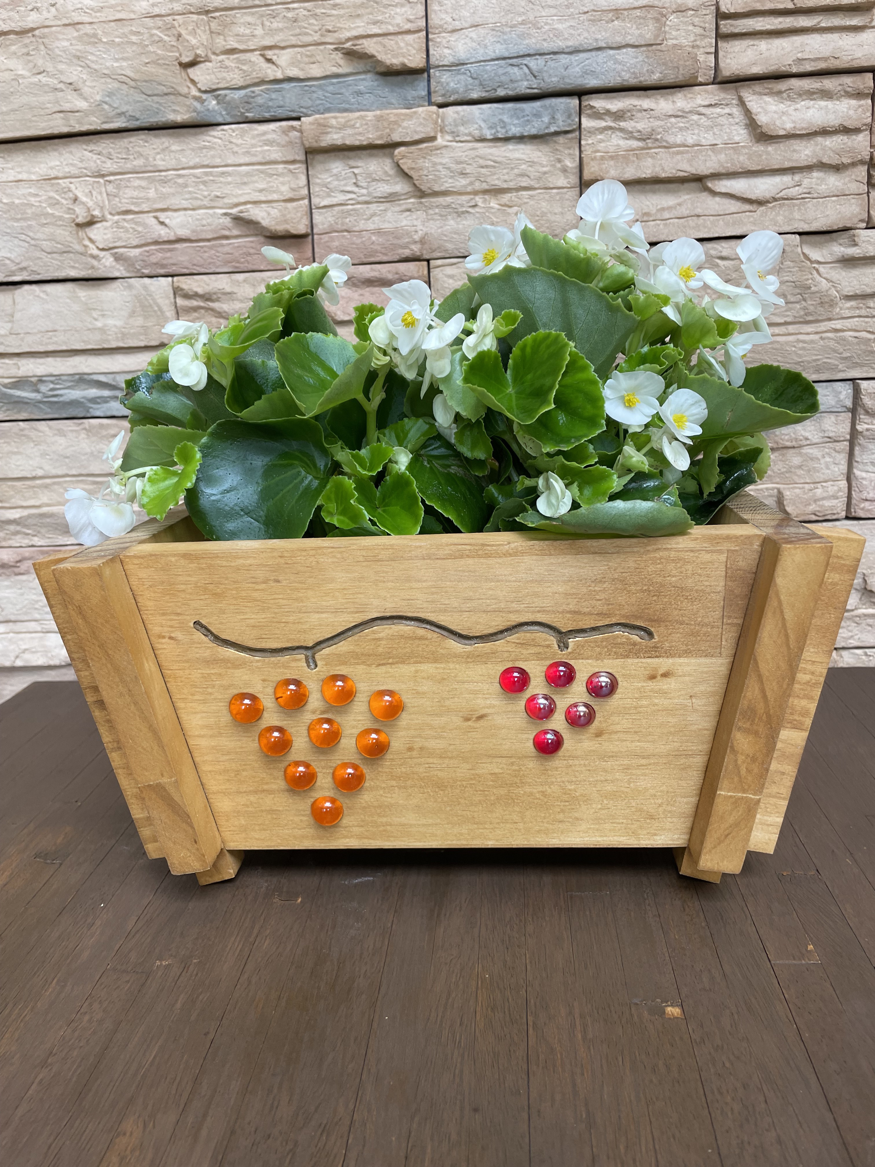 ビー玉装飾木のプランター　花　木のプランター　木材　寄せ植え　ビー玉　誕生日プレゼント　贈り物　　プランター