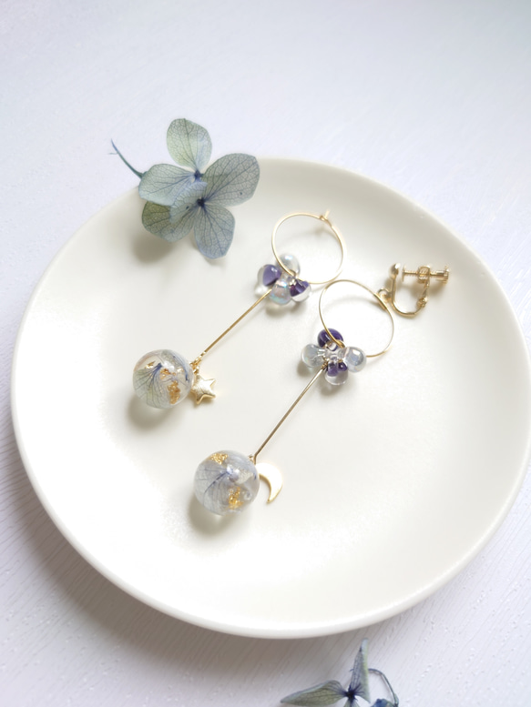 珠紫陽花 Hydrangea＆DropBeads Pale Blue【イヤリング・ピアス】・初販5点まで送料無料 5枚目の画像