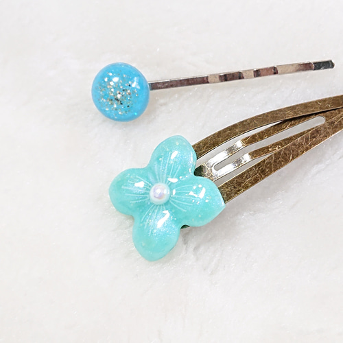 パッチン&アメピンset☆アンティーク*レジン*花*ラメ*パステルブルー