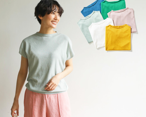 45rpmコットン100% アイボリーと青のストライプサマーセーター TOKYO BASIC LLサイズ サマーニット レディース vネック 綿