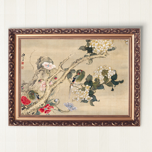 NO.450】インコと紫陽花の日本画絵画アートポスター☆風景牡丹