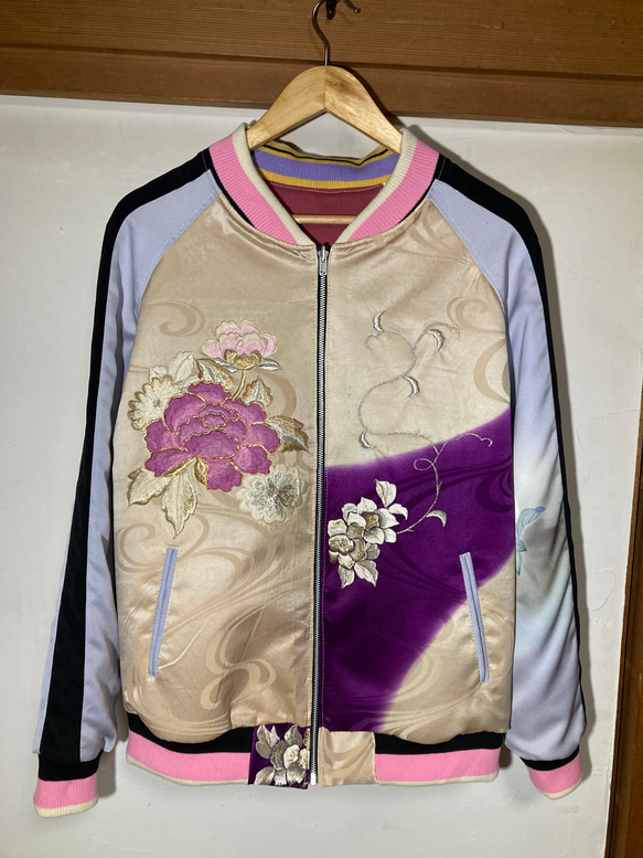 Lサイズ]桜と鶴柄刺繍ちりめん袖柄刺繍リバーシブルスカジャン