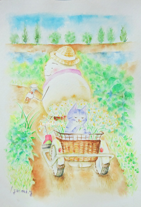 ✻【原画】カモミールの収穫 / ポテとゆきだるまん no.177  水彩画　2021.07.20～ 1枚目の画像