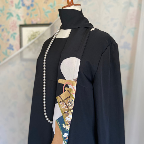 着物リメイク 花車 吉祥模様 黒留袖ドレス 友禅染 Aライン