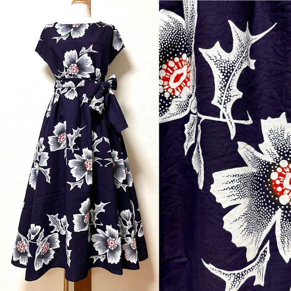 サマードレス＠浴衣薔薇リメイク×黒無地反物＠シャーリングワンピ＠マキシワンピース サマードレス＠浴衣薔薇リメイク×黒無地反物＠シャーリング