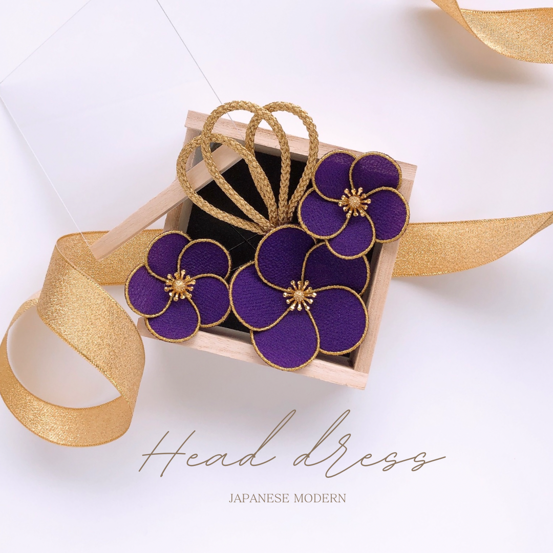カメリア 梅 椿 成人式前撮り 振袖コーデ アンティーク着物ヘア 留袖 古典柄 打掛け 和装髪飾り ヘッドドレス 紫×金