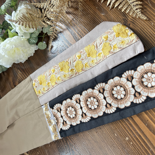インド刺繍リボンで作ったオリジナルターバン☆ワイヤー:ブラック大柄 