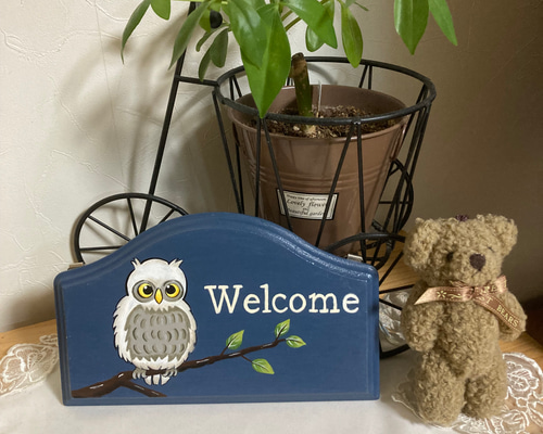 トールペイントで描いたフクロウのwelcomeボード 表札・ネームプレート