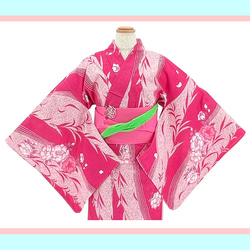 京染浴衣 浴衣単品 「八重桜」 桃色地 綿縦縞 綿85%麻15% 春着物 単衣 レディース №23-0038 4枚目の画像