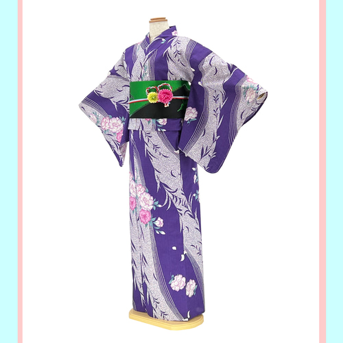 美品★綿麻の浴衣　着物　夏の着物　夏着物　紫　縦縞　白　ストライプ　単衣　単 美品☆綿麻の浴衣着物夏の着物夏着物紫縦縞白ストライプ単衣単