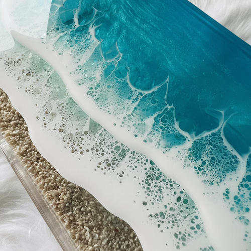 扉付き海の収納ボックス収納家具 レジンアート 石垣ブルー 3波 縦方向 