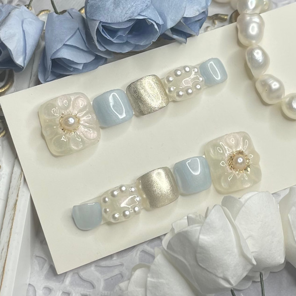サイズオーダー♡ぷっくりフラワーフットネイルチップ ブルー order 