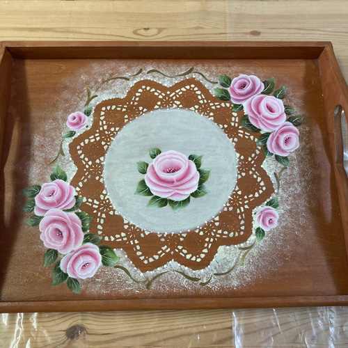 トールペイント作品薔薇のカップトレー トールペイント作品薔薇の