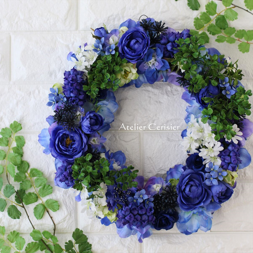 ☆ブルーフラワー リース＜アーティフィシャルフラワー＞ バラ 紫陽花  