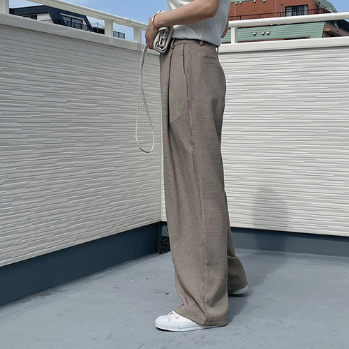 45R チェック柄　リネンタックワイドパンツ　ロングキュロット　サイズ2 新作再販】千鳥格子のタックワイドパンツチェック柄23005BR