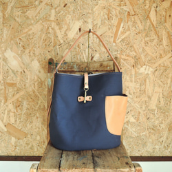 ≪web限定≫ 【ORZO】8号帆布＆ヌメ革 ワンショルダートート BAG A4対応 ネイビー×ベージュ OR-901c 2枚目の画像