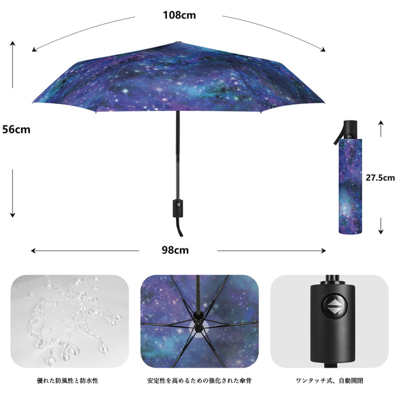 晴雨兼用、雨の中で差す星空 "星と銀河の宇宙柄" 折りたたみ傘・日傘（外側プリント） 5枚目の画像