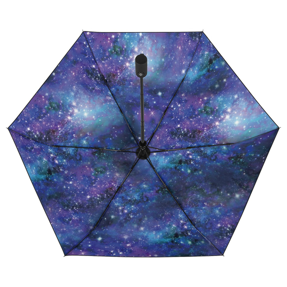 晴雨兼用、雨の中で差す星空 "星と銀河の宇宙柄" 折りたたみ傘・日傘（内側プリント・外側ブラック） 3枚目の画像