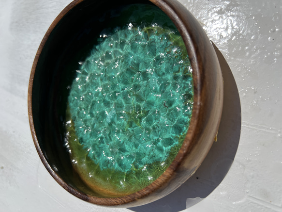 波紋ボウル　エメラルドブルー　アカシア　沖縄の海　sea レジン　アクセサリートレー　リングピロー　珊瑚　小物ケース 5枚目の画像