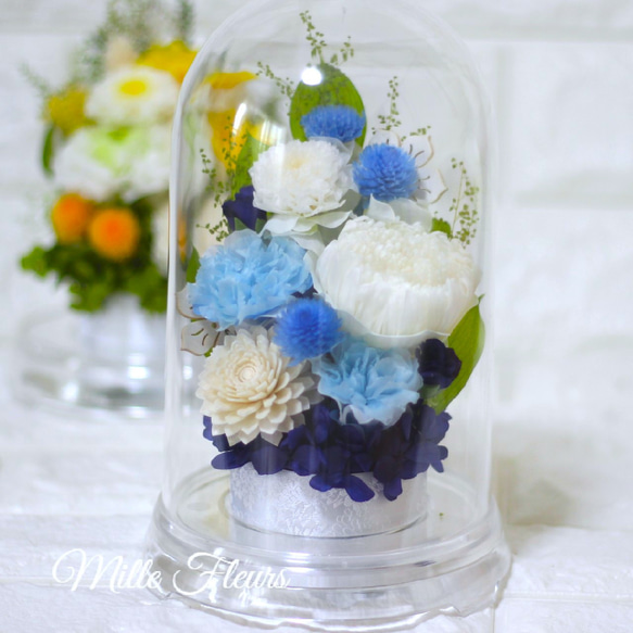 ドーム 華やか仏花 青色 お供え 菊 四十九日 プリザーブドフラワー ru