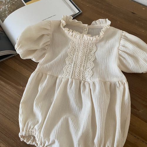 再販 楊柳(ちぢみ)レース半袖ロンパース ベビー服 キッズ服 80-90 子供
