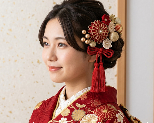 卒業式、成人式、花嫁婚礼用、日本髪かんざし、赤、金 成人式髪飾り 赤×ゴールド | ヘアアクセサリー つまみ細工 振袖 袴