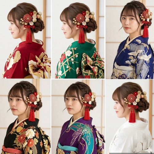 和装髪飾り　赤えんじ✕黒白シャンパンゴールド成人式和装髪飾り卒業式袴着物振袖 つまみ細工 成人式用髪飾り 成人式 髪飾り 卒業式 結婚式 和装 結納