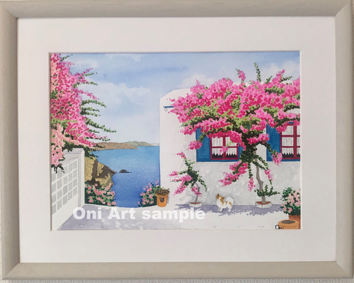 空と海とネモフィラ」透明水彩画 原画 風景画 額縁付 F4サイズ