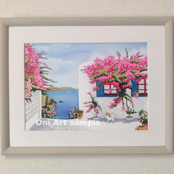 エーゲ海とブーゲンビリア」透明水彩画 原画 風景画 額縁付 F4 エーゲ海とブーゲンビリア」透明水彩画 原画 風景画 額縁付 F4