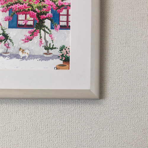 エーゲ海とブーゲンビリア」透明水彩画 原画 風景画 額縁付 F4 エーゲ海とブーゲンビリア」透明水彩画 原画 風景画 額縁付 F4