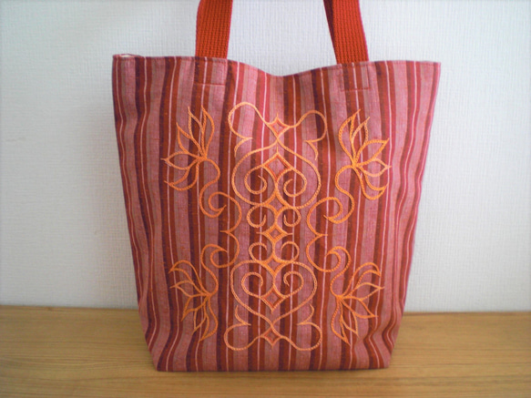 アイヌ文様刺繍】トートバッグ・中型 朱色縞 トートバッグ
