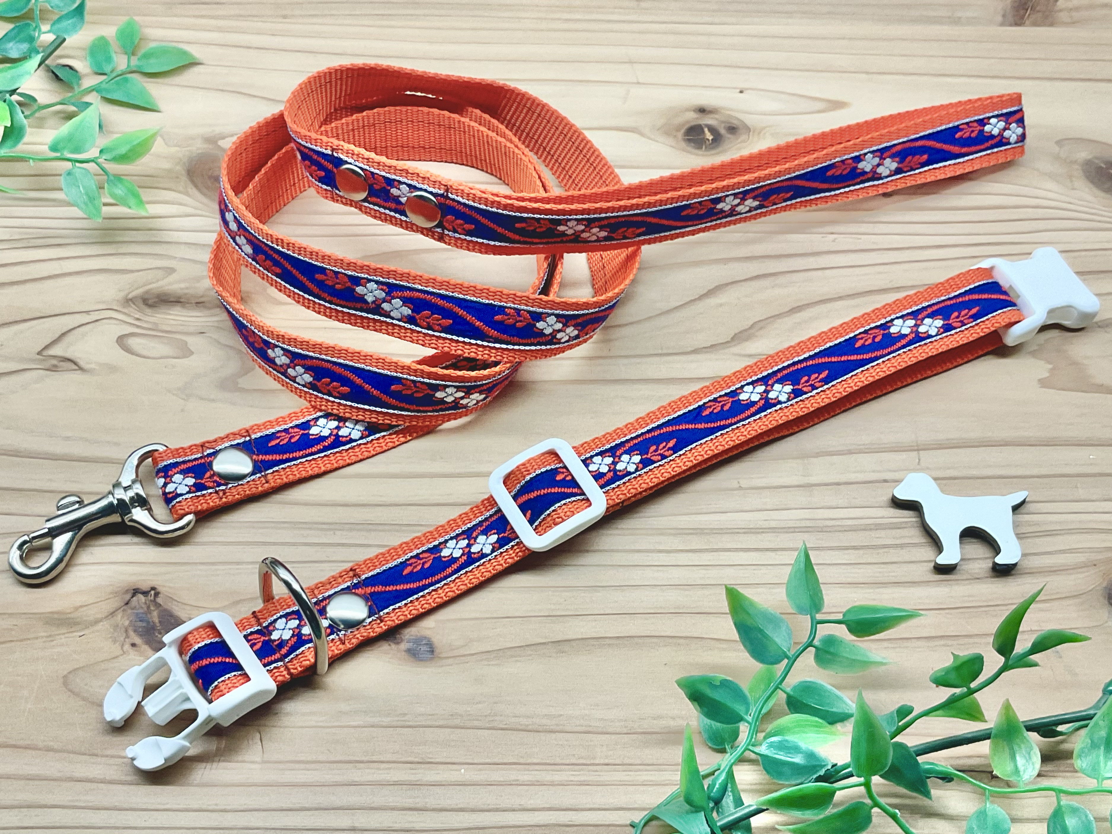 犬　首輪&リードセット　ドイツ　小花　ブルー　ホワイト　オレンジ　ハンドメイド