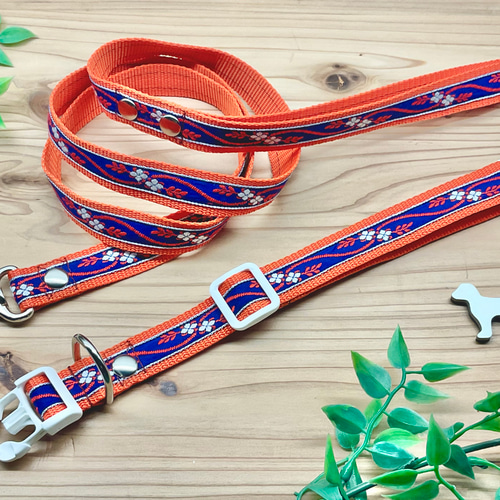 犬 首輪&リードセット ドイツ 小花 ブルー ホワイト オレンジ