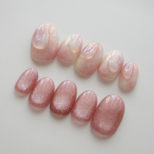 くすみピンクのぷるぷる桃ネイル◇ネイルチップ【iro×iro-No.13