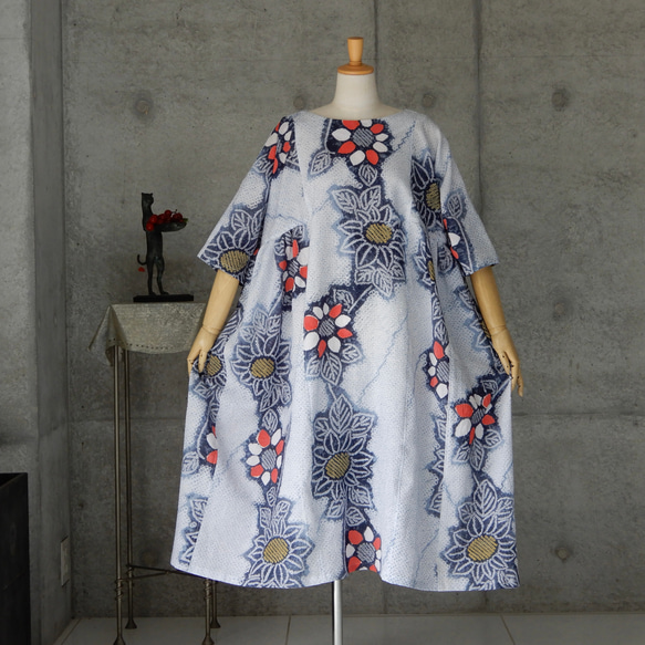 着物リメイク　有松絞りのチュニックワンピース   フリーサイズ  kimono 2枚目の画像