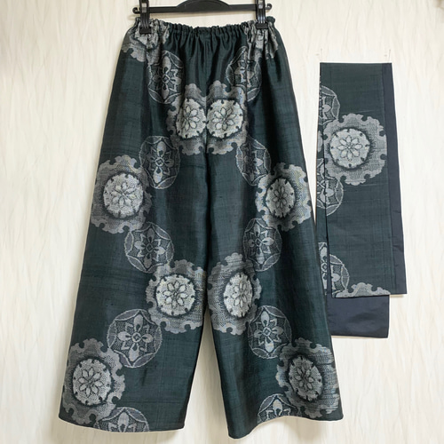 深緑＊時代大島紬ワイドパンツ＋ストール＊綿ローン裏地付き＊着物