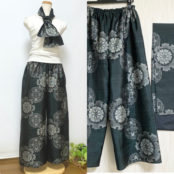 深緑＊時代大島紬ワイドパンツ＋ストール＊綿ローン裏地付き