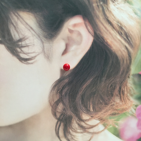 人気⭐︎再販多数508【赤珊瑚】天然石一粒ピアス＊8mm 4枚目の画像