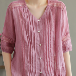 4色 リネンシャツ.五分袖の上着 レディース　麻ブラウス.　 春.夏 フリーサイズ　ゆったり　ピンク 4枚目の画像