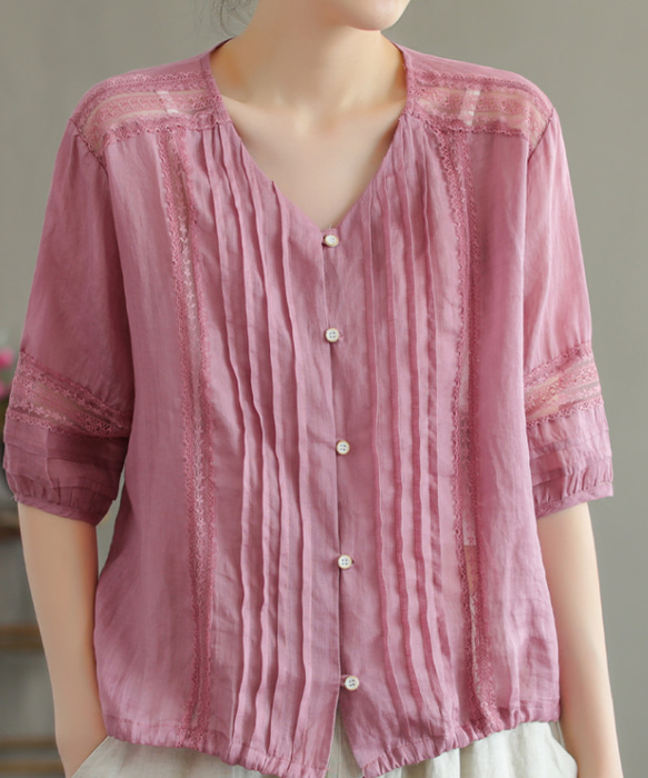 4色 リネンシャツ.五分袖の上着 レディース　麻ブラウス.　 春.夏 フリーサイズ　ゆったり　ピンク 4枚目の画像