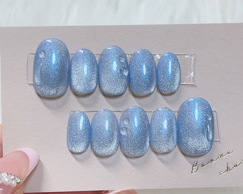 梅雨ネイル 夏ネイル ブルーネイル 水滴ネイル 成人式 マグネット