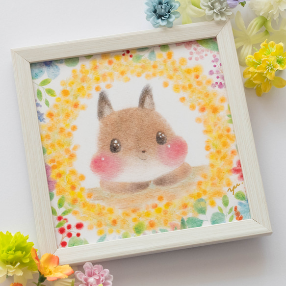 【複製画】「お花畑のエゾリスさん」　パステルアート　動物　花　かわいい　イラスト 1枚目の画像