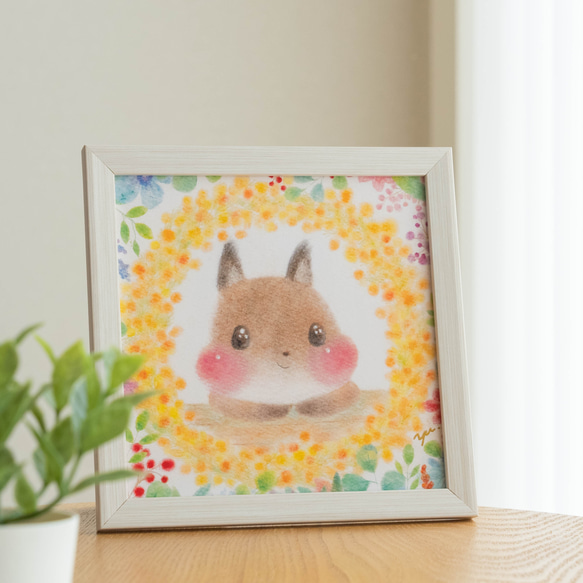 【複製画】「お花畑のエゾリスさん」　パステルアート　動物　花　かわいい　イラスト 2枚目の画像