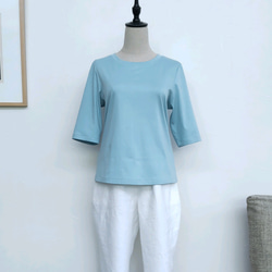 サイズ別　綿ニットのカットソー　半袖～5分袖　ミントブルー 5枚目の画像