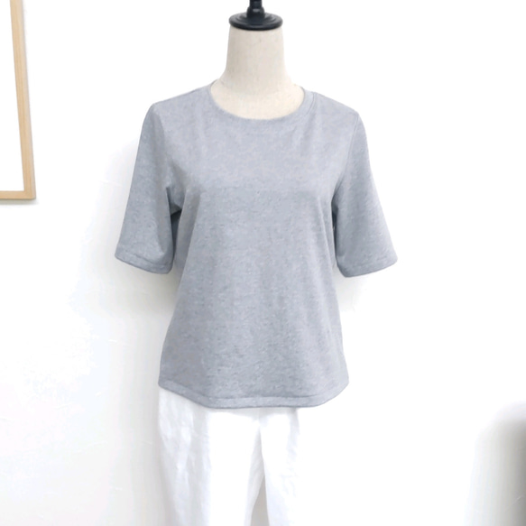 サイズ別　綿ニットのカットソー　半袖～5分袖　杢グレー 5枚目の画像