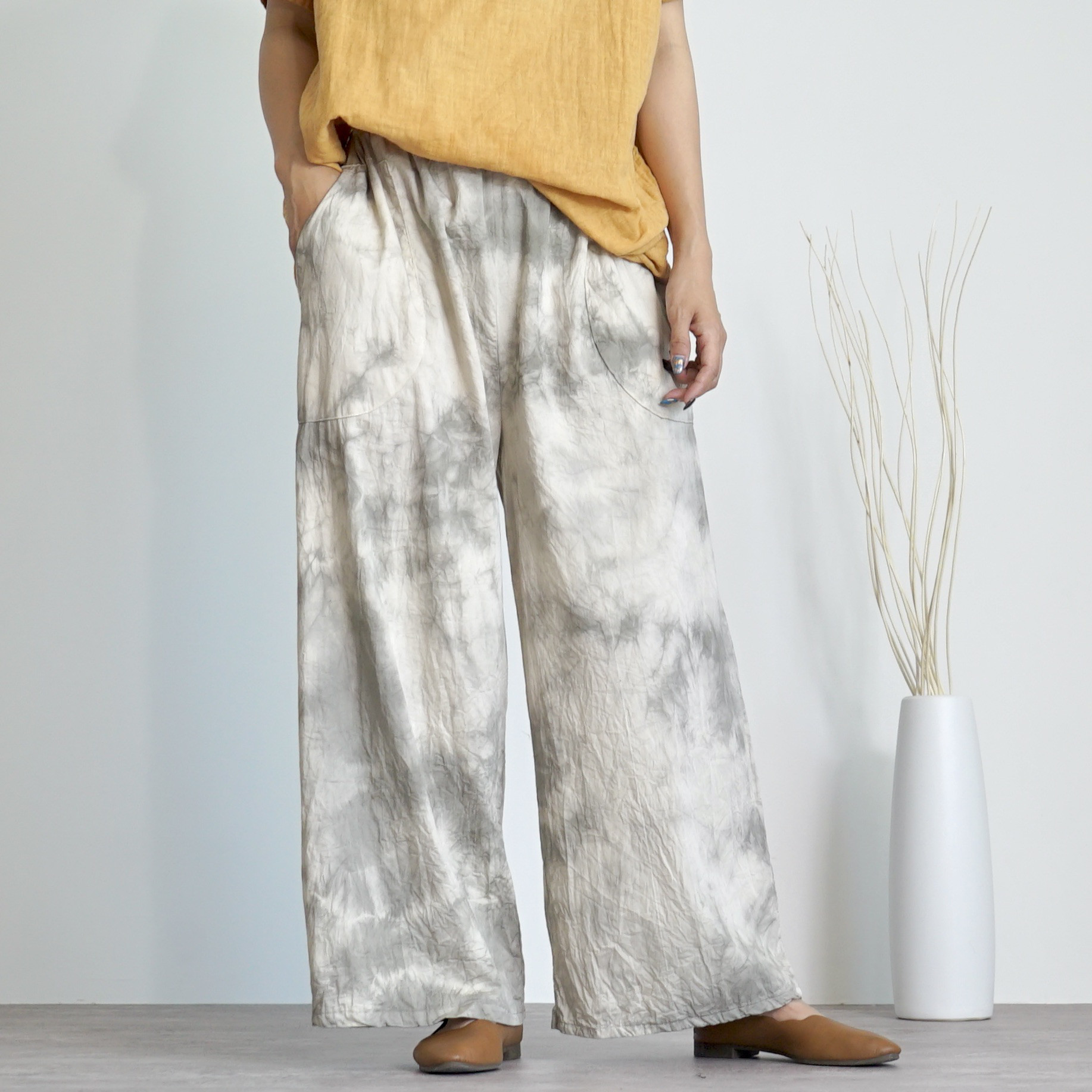 さら軽ワイドパンツ/カーキまだら/三河織物