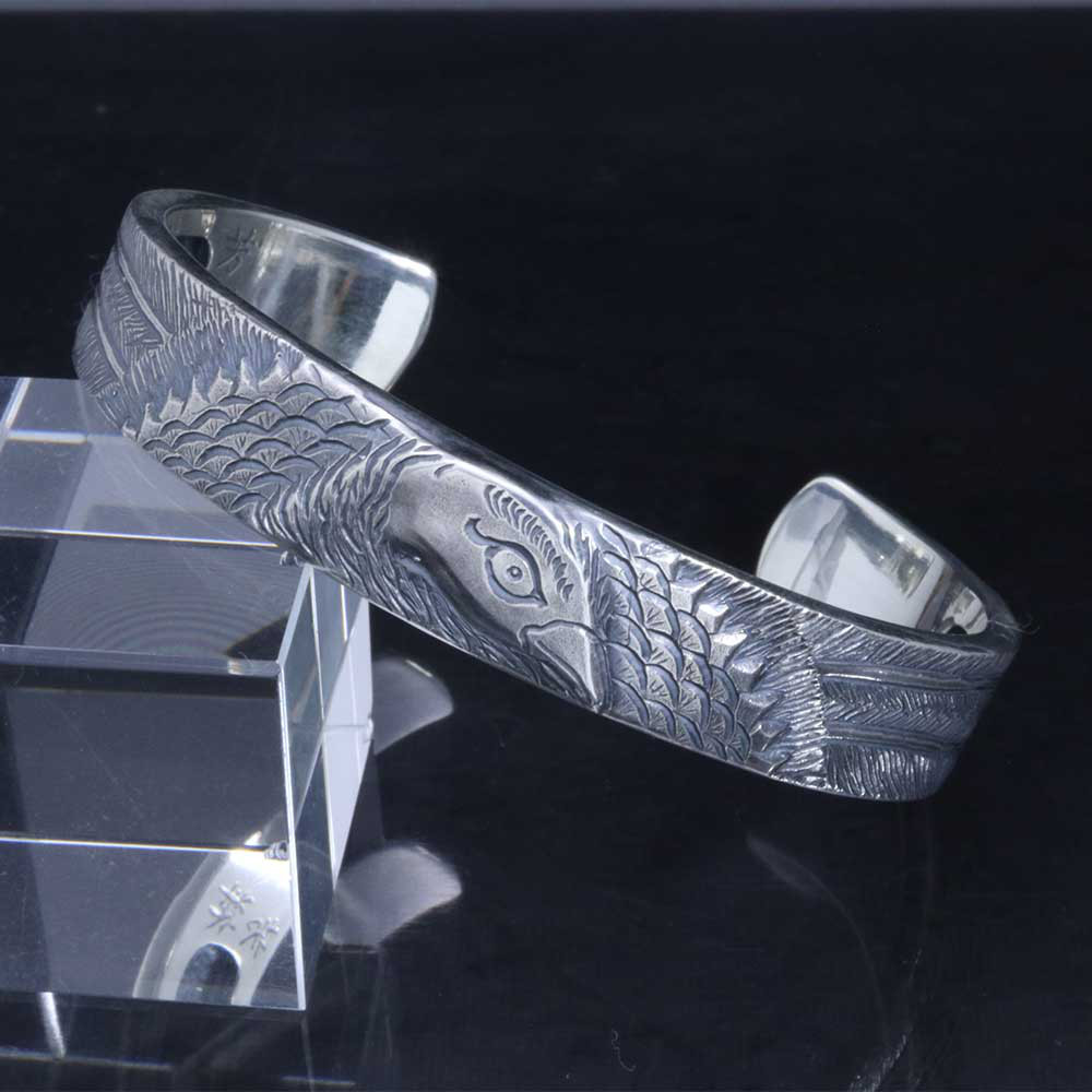 バングル メンズ シルバー : 鳳凰 バングル 燻し仕上げ 龍頭×数本彫刻 Wネーム シルバー サイズS/M/L