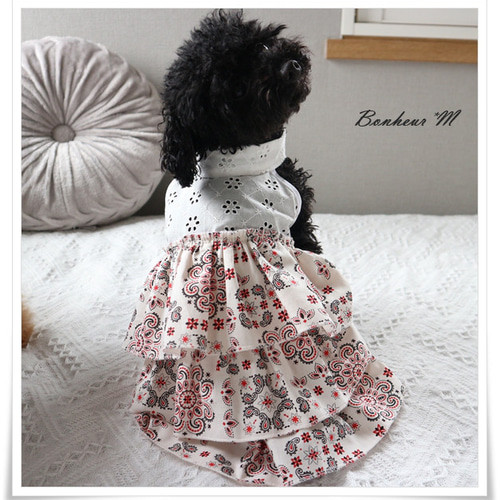 犬服〜3段フリルワンピース〜 バンダナ レース ブルー ホワイト